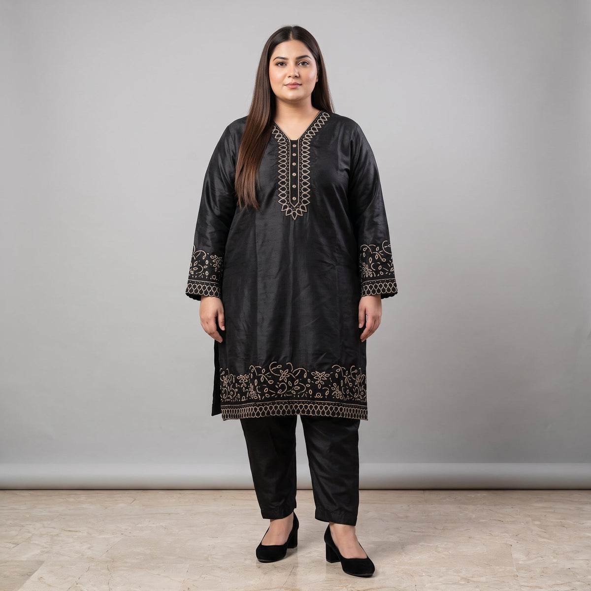 Black Embroidered Katan silk 3-piece suit PSW-11694