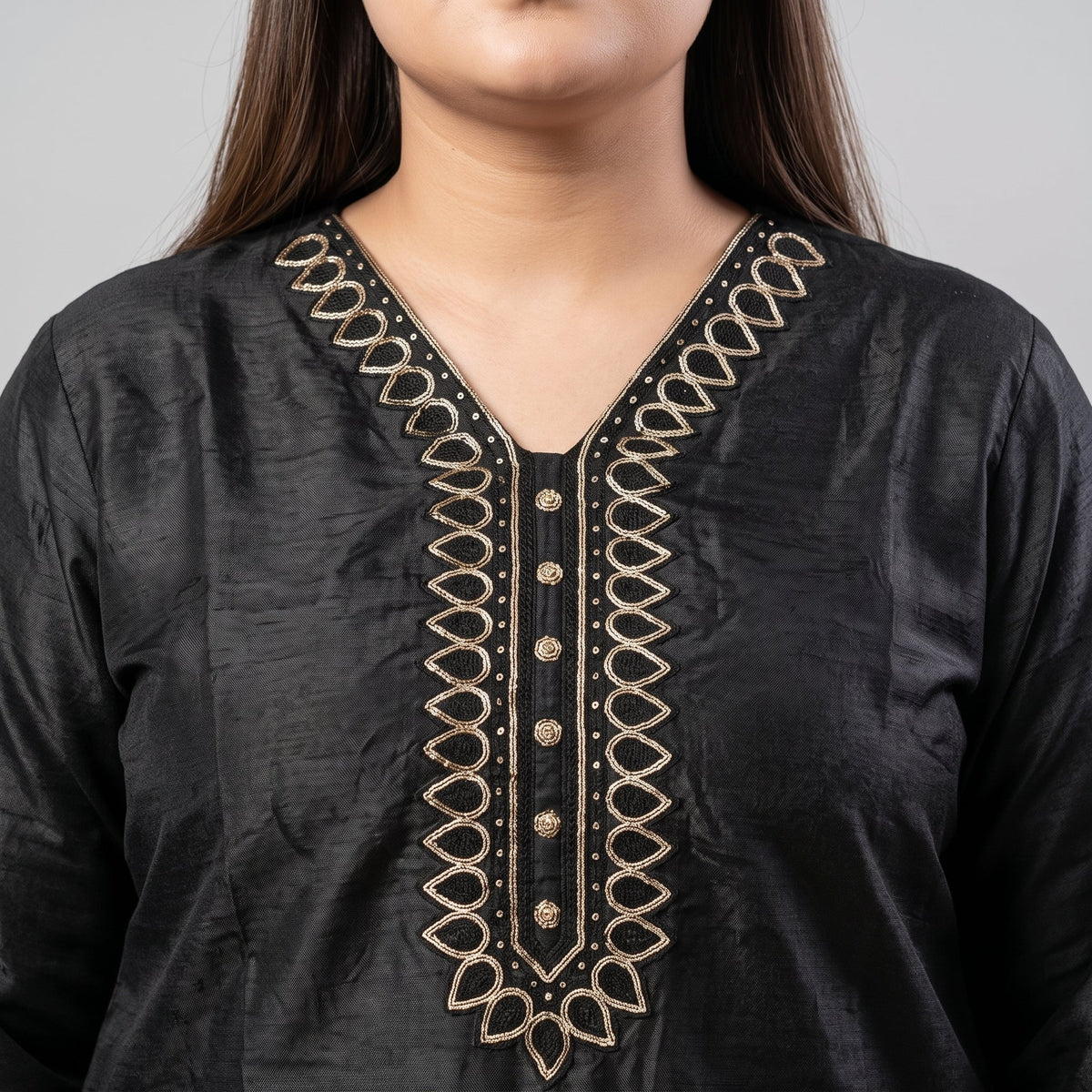 Black Embroidered Katan silk 3-piece suit PSW-11694