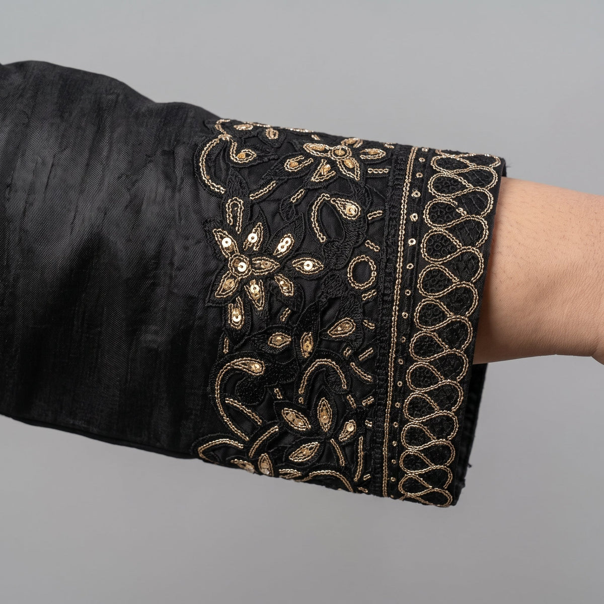Black Embroidered Katan silk 3-piece suit PSW-11694