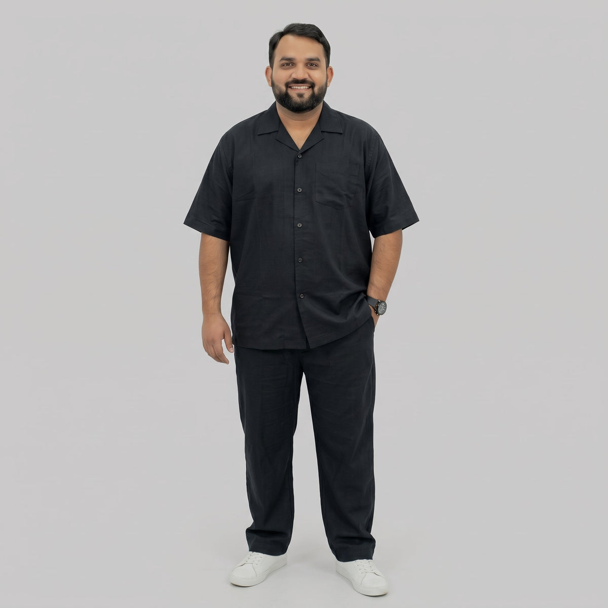 Black Irish Linen Cuban Collar Co-Ord Set PSM-11718