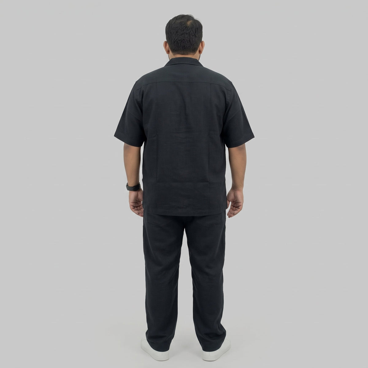 Black Irish Linen Cuban Collar Co-Ord Set PSM-11718