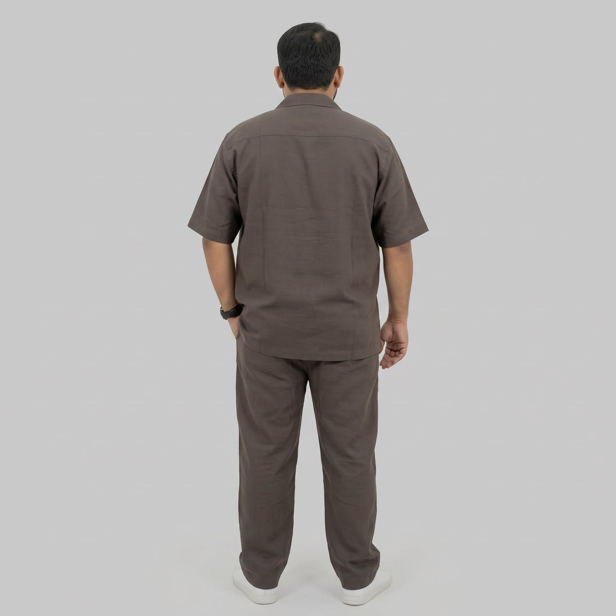 Dark Brown Irish Linen Cuban Collar Co-Ord Set PSM-11716
