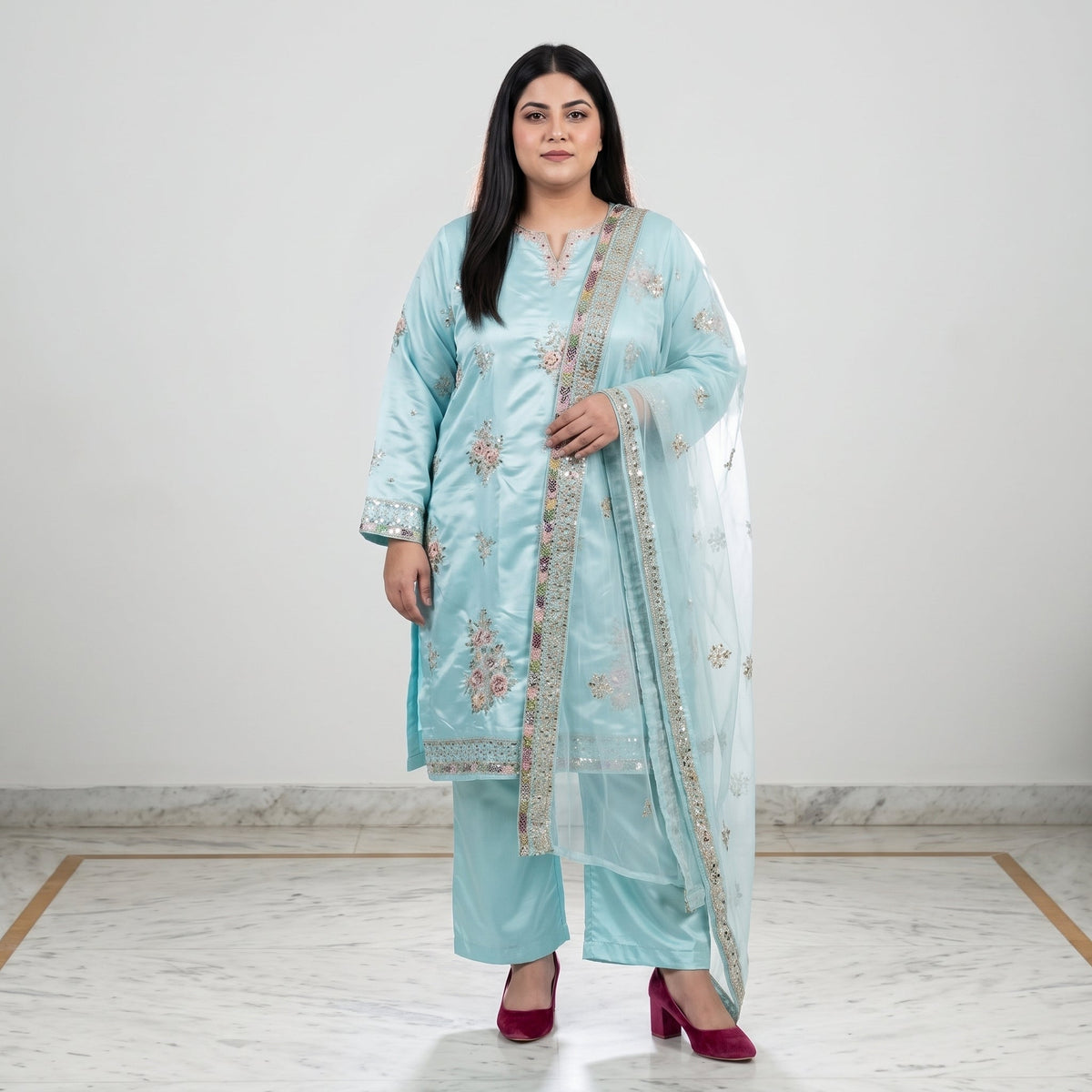 Aqua Embroidered Katan silk 3-piece suit PSW-11695