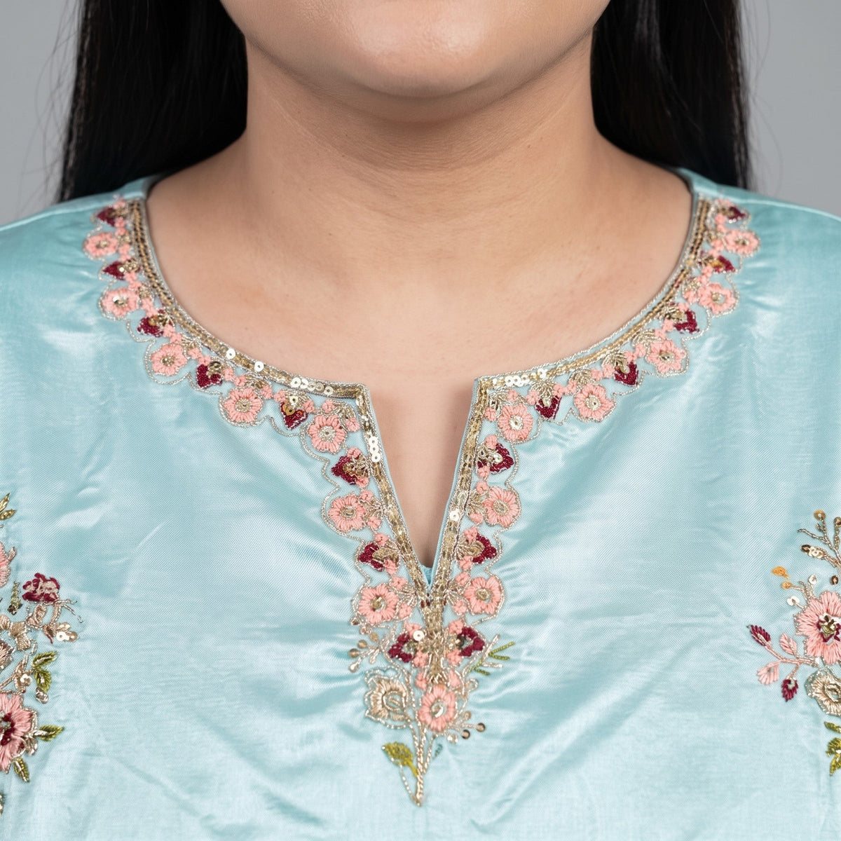 Aqua Embroidered Katan silk 3-piece suit PSW-11695