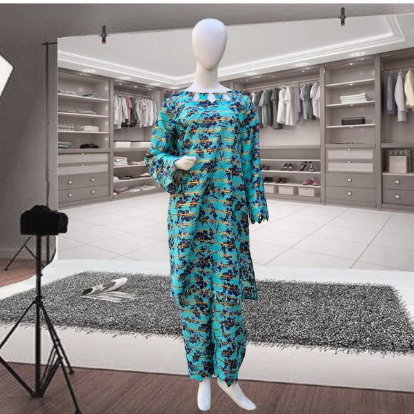 Aqua floral printed plus-size 2PC stitched lawn suit displayed on mannequin with shirt and trouser