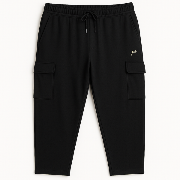Black Terry Cargo Plus Size Comfort Fit Trousers PSM-10014