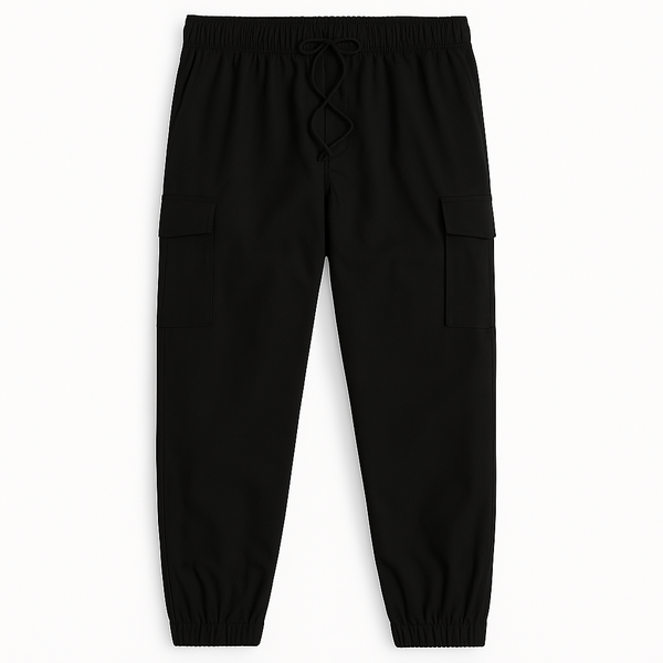 Plus-size male model wearing black twill cotton cargo joggers with side and back pockets