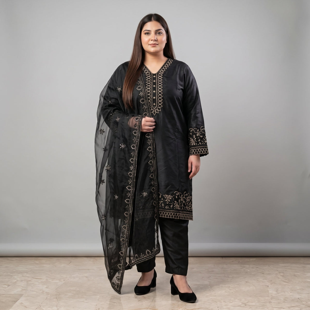 Black Embroidered Katan silk 3-piece suit PSW-11694