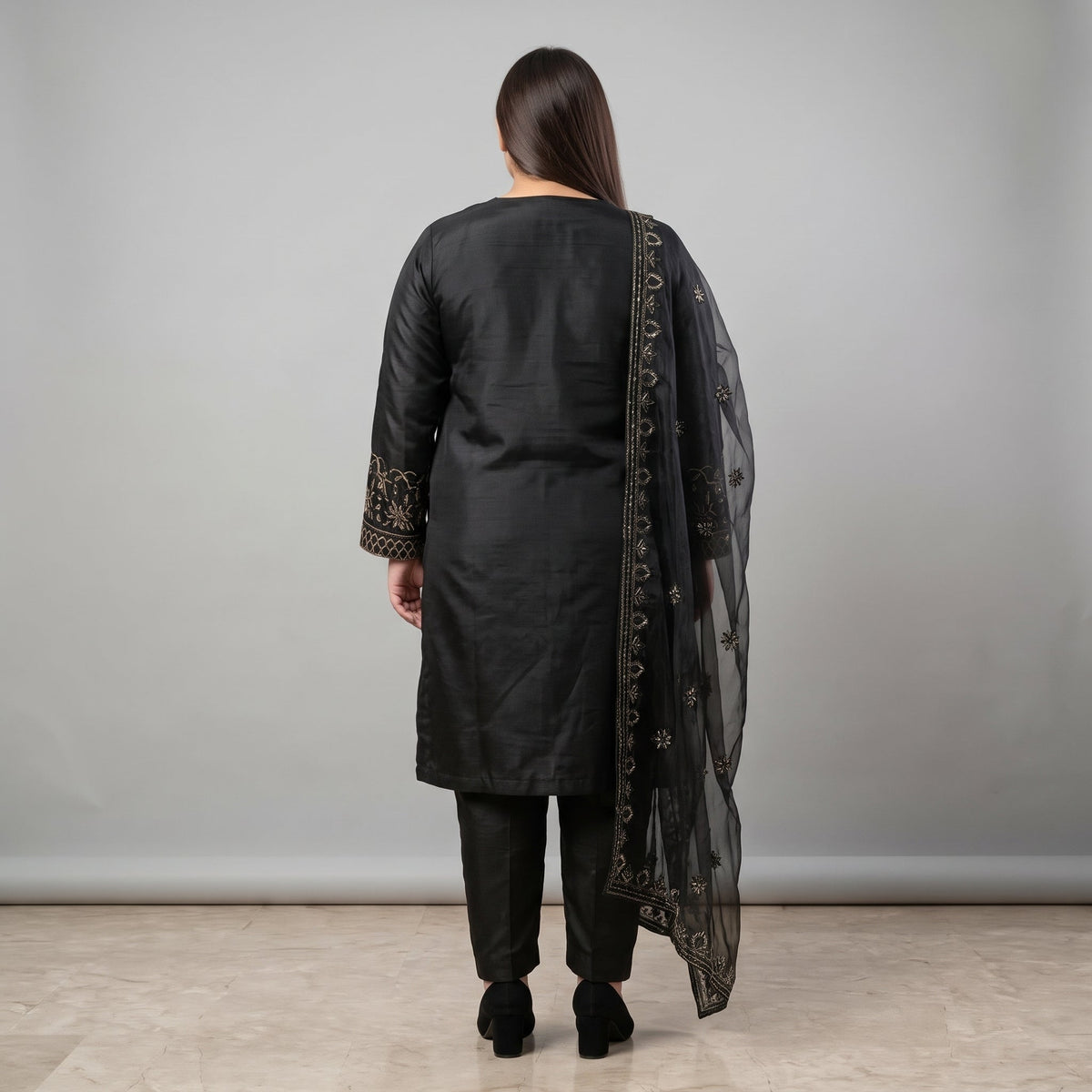 Black Embroidered Katan silk 3-piece suit PSW-11694