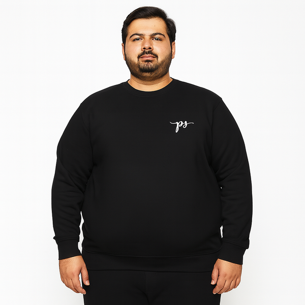 Men’s plus size black fleece crewneck sweatshirt with ribbed cuffs, hem, and relaxed fit, made from soft fleece fabric for comfort and casual wear.