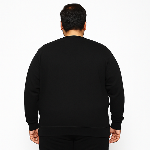Men’s plus size black fleece crewneck sweatshirt with ribbed cuffs, hem, and relaxed fit, made from soft fleece fabric for comfort and casual wear.