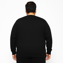 Men’s plus size black fleece crewneck sweatshirt with ribbed cuffs, hem, and relaxed fit, made from soft fleece fabric for comfort and casual wear.