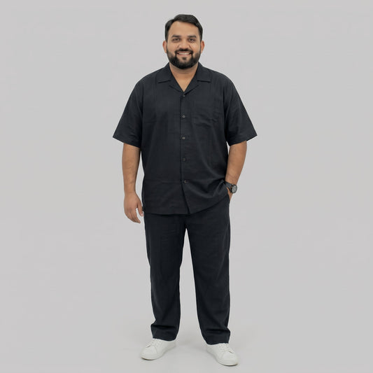 Black Irish Linen Cuban Collar Co-Ord Set PSM-11718