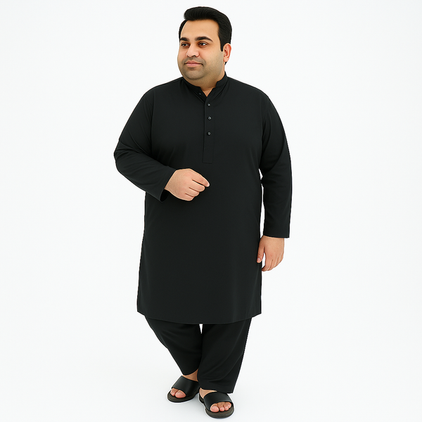 Plus-size man wearing black washing wear kurta shalwar – front, back, and side view – PlusSize.pk