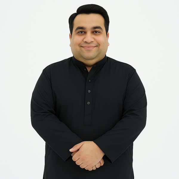 Plus-size man wearing black washing wear kurta shalwar – front, back, and side view – PlusSize.pk