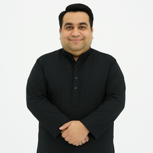 Plus-size man wearing black washing wear kurta shalwar – front, back, and side view – PlusSize.pk