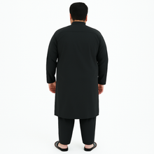 Plus-size man wearing black washing wear kurta shalwar – front, back, and side view – PlusSize.pk
