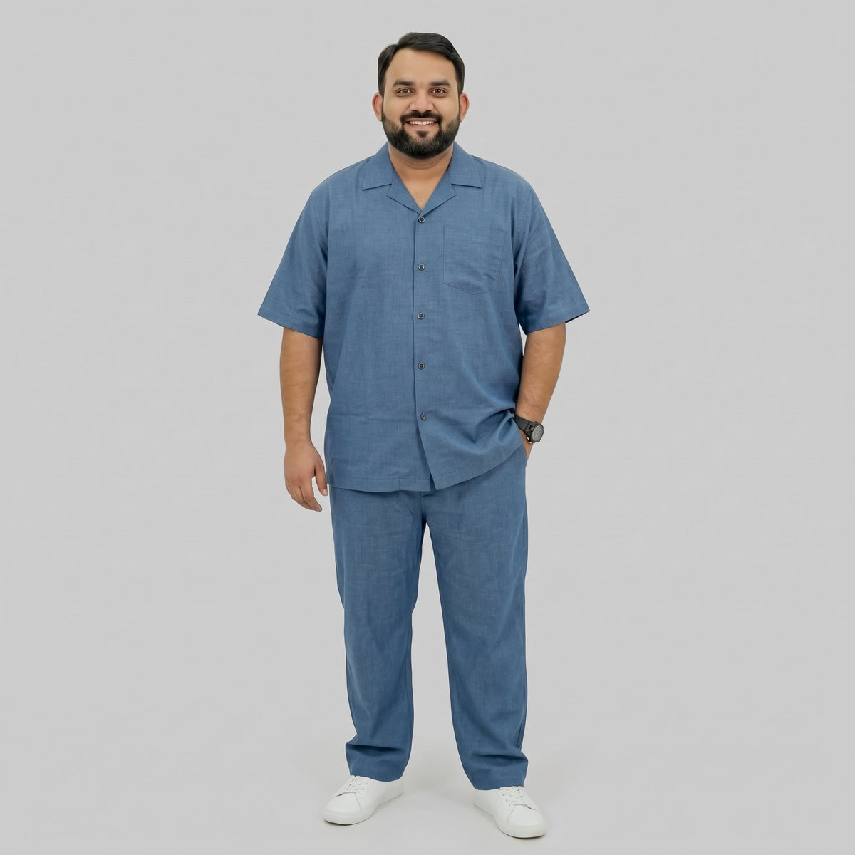 Blue Irish Linen Cuban Collar Co-Ord Set PSM-11717