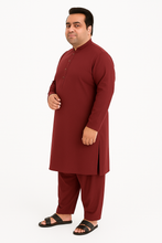 Plus-size man wearing burgundy premium wash & wear kurta pajama – PlusSize.pk