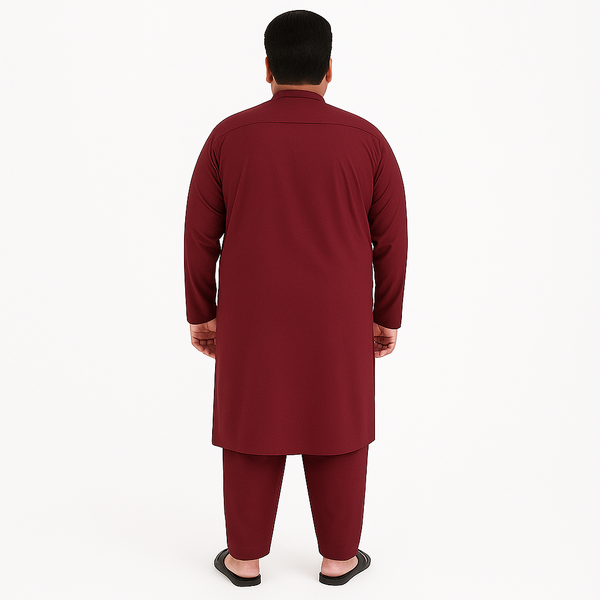Plus-size man wearing burgundy premium wash & wear kurta pajama – PlusSize.pk