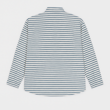 White and blue horizontal stripe casual shirt for plus size men, button-down front and long sleeves – flat lay on white background

