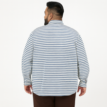 White and blue horizontal stripe casual shirt for plus size men, button-down front and long sleeves – flat lay on white background

