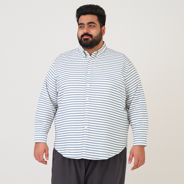 White and blue horizontal stripe casual shirt for plus size men, button-down front and long sleeves – flat lay on white background

