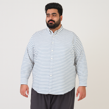 White and blue horizontal stripe casual shirt for plus size men, button-down front and long sleeves – flat lay on white background

