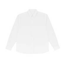 Classic white long sleeve formal shirt for plus size men with spread collar and buttoned cuffs – flat lay on white background

