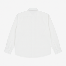 Classic white long sleeve formal shirt for plus size men with spread collar and buttoned cuffs – flat lay on white background

