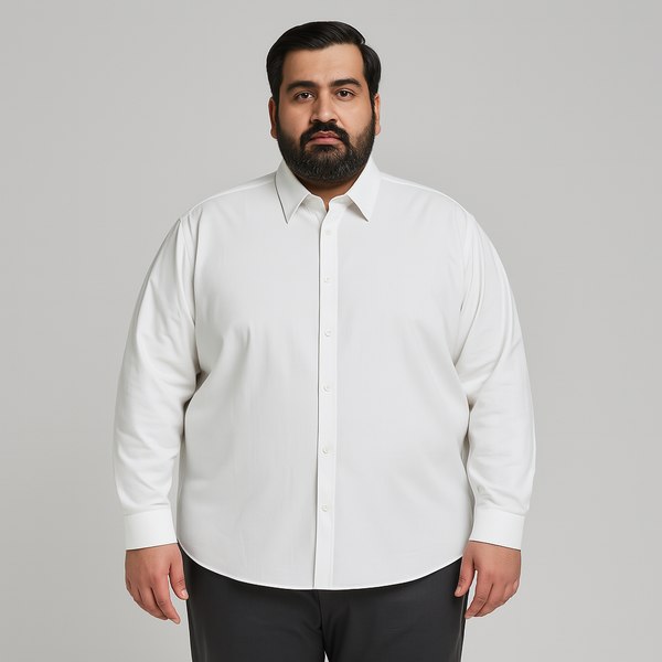 Classic white long sleeve formal shirt for plus size men with spread collar and buttoned cuffs – flat lay on white background

