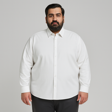 Classic white long sleeve formal shirt for plus size men with spread collar and buttoned cuffs – flat lay on white background

