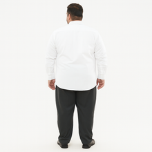 Classic white long sleeve formal shirt for plus size men with spread collar and buttoned cuffs – flat lay on white background

