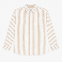 Off-white plus size button-down shirt with beige and rust pinstripes, long sleeves – laid flat on wooden background