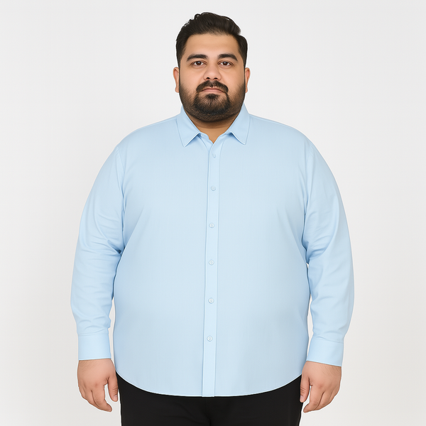 Plus-size Pakistani man wearing sky blue solid full-sleeve formal shirt