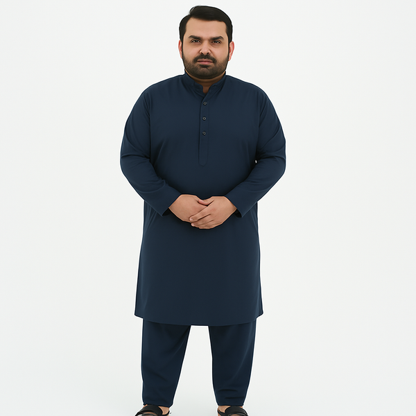 Plus-size man wearing dark blue washing wear kurta shalwar shown in front, angled, and back views – PlusSize.pk