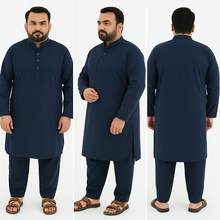 Plus-size man wearing dark blue washing wear kurta shalwar shown in front, angled, and back views – PlusSize.pk