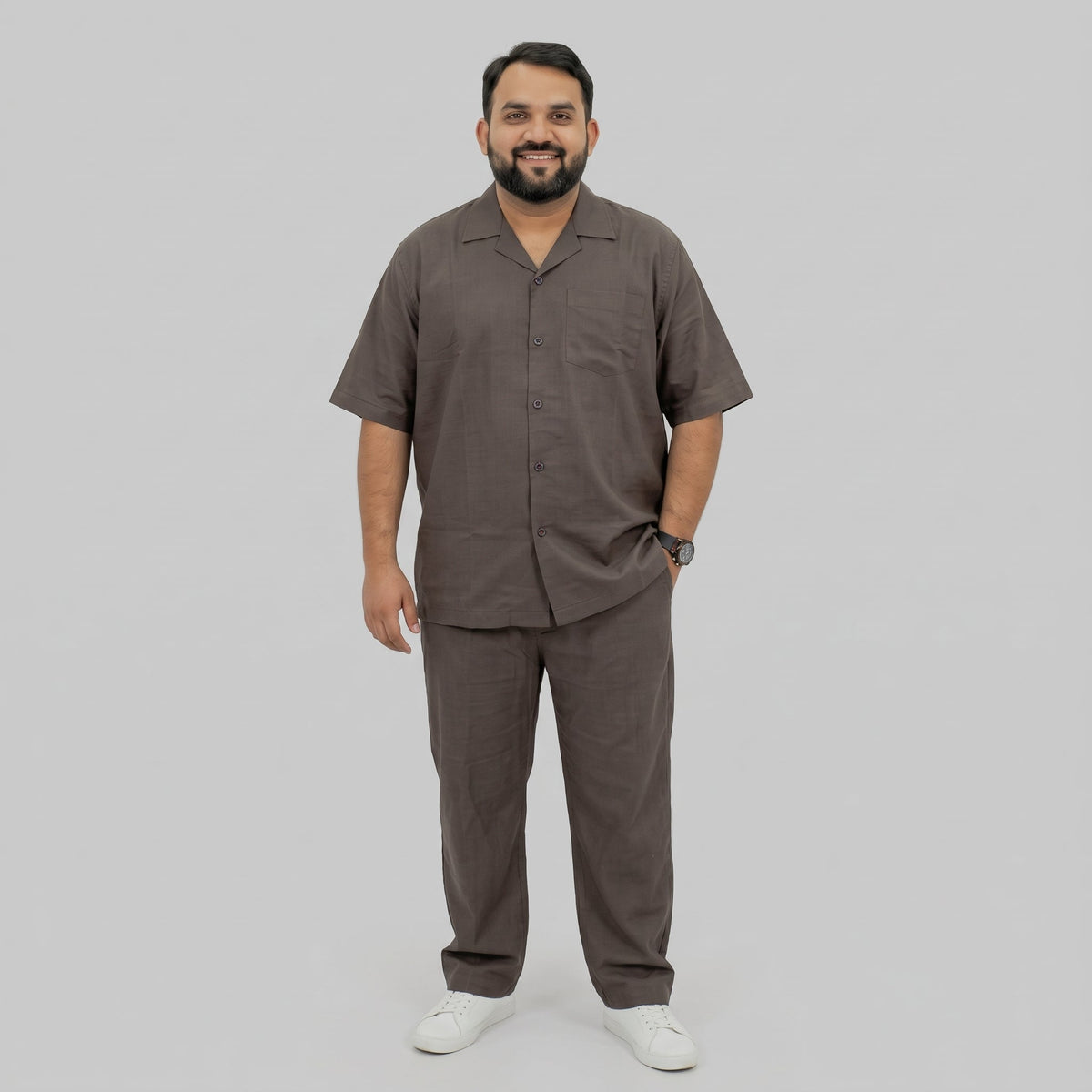 Dark Brown Irish Linen Cuban Collar Co-Ord Set PSM-11716