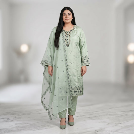 Mint Green Embroidered Katan silk 3-piece suit PSW-11731