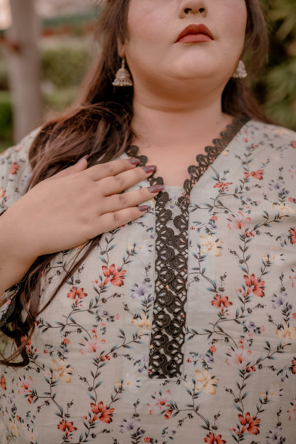 Mint Petal – Plus Size Stitched Floral Suit with Black Lace (2PC) PSW-9496