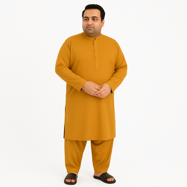 Plus-size man wearing mustard wash & wear kurta pajama – PlusSize.pk