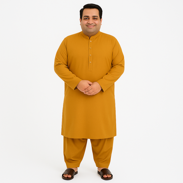 Plus-size man wearing mustard wash & wear kurta pajama – PlusSize.pk