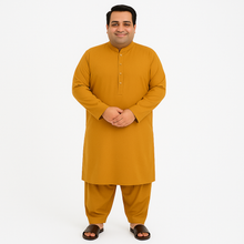 Plus-size man wearing mustard wash & wear kurta pajama – PlusSize.pk