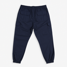Plus-size man wearing navy twill cotton cargo joggers with side and back pockets
