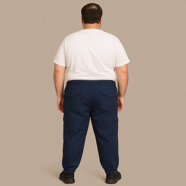Plus-size man wearing navy twill cotton cargo joggers with side and back pockets