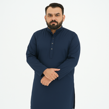 Plus-size man wearing dark blue washing wear kurta shalwar shown in front, angled, and back views – PlusSize.pk
