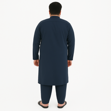 Plus-size man wearing dark blue washing wear kurta shalwar shown in front, angled, and back views – PlusSize.pk