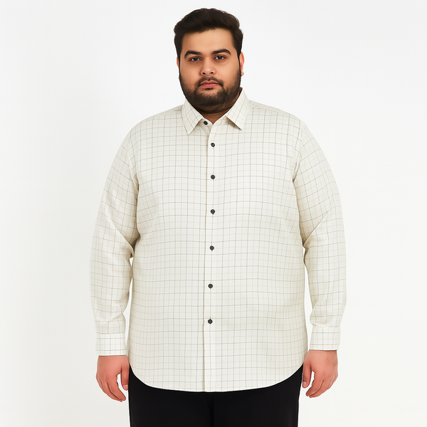 Plus-size Pakistani man wearing off-white formal shirt with black grid checks