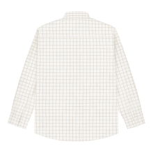 Plus-size Pakistani man wearing off-white formal shirt with black grid checks