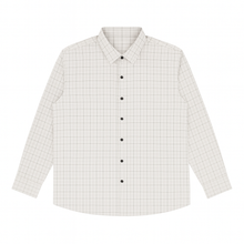 Plus-size Pakistani man wearing off-white formal shirt with black grid checks